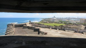 A view out of a sentinel post from one fort across the island with the other fort in the distance