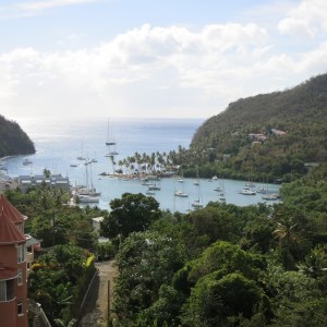 Marigot Bay. Visible in the foreground is the inner harbor, where the British fleet successfully hid from the French in the 1700s.