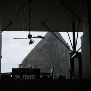 View from Boucan where we ate a chocolate lunch and ogled the Pitons