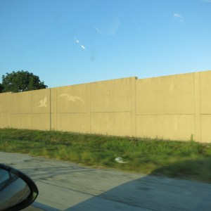 The sound barriers along the freeway here are stamped with silhouettes of local animals.