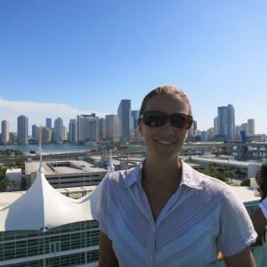 Megan on the cruise boat with Miami receding into the background.