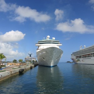 Our boat docked in Nassau. Note the cruise ships on either side.