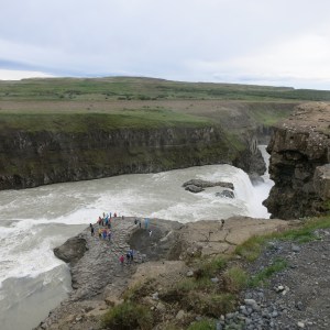 Gullfoss Falls. We were told in spring floods, water can cover where the tourists are standing and fill the lower canyon.