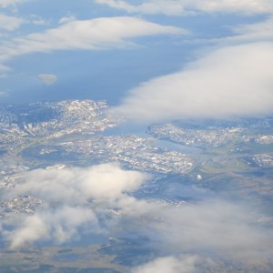 View from the airplane of Reylkavik through the clouds