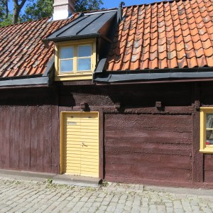 Visby, Gotland. Wooden houses are preserved by a regular application of tar. After centuries, they acquire a bubbly texture. This one is slighty red, which means it has likely be painted with a mixture of tar and copper oxide.