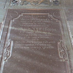 One of the many crypts on the floor of the Uppsala Cathedral. Note the dates 1620-1666. The elaborate carvings and rungs attached to many of these created trip hazards.