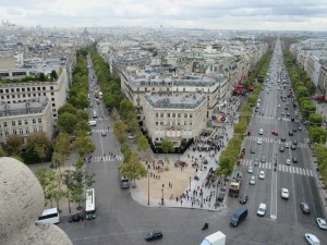 View from the top of the Arc de Triomphe. Champs Elysees on the right.