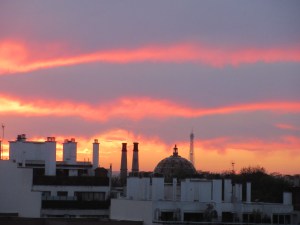 The sunset view from our balcony, last day in Paris. Au revoir!