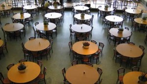 Tables and chairs, seemed below our feet in the mirrored floor.