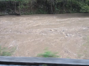 The train followed the Sava River through Slovenia and Croatia. The Sava had spilled over its banks and was carrying a lot of sediment and debris.