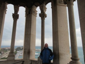 Jim at the top of the bell tower in Split on a rare cool windy day.