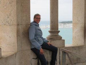 Megan at the top of the bell tower in Split on a rare cool windy day.