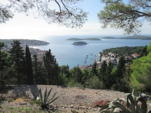 View over Hvar town, marina, and islets as seen from the fortress.