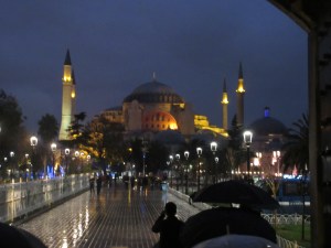 Hagia Sophia at night in the rain.