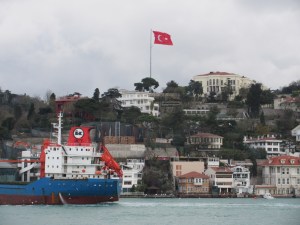 Enormous Turkish flags are common. This one flies over mansions on the banks of the Bosphorus.