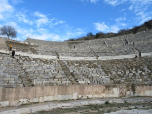 Ephesus amphitheater could seat 25,000 or 10% of the population. Megan is the dark spot near the center of the picture, in the upper rows.