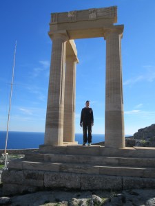 Megan among the columns above Lindos.