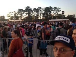 Waiting in one of the many snaking lines to board a bus back to our parked car after the Daytona 500.