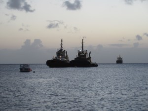 The waters around Statia are busy from a crude oil transfer station. These tugs fired up and went to work at night, near where we were moored.